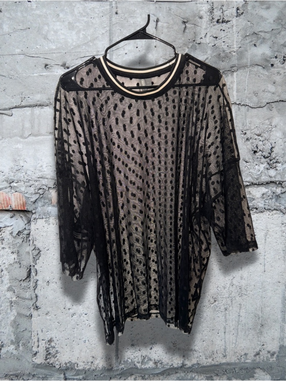 ASOS Black Sheer Polka Dot Mesh Short Sleeve Top with Cream Trim